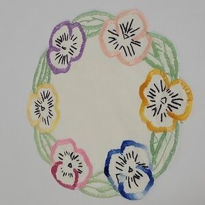 Vintage Hand-Embroidered Pansy Doily 9.25"